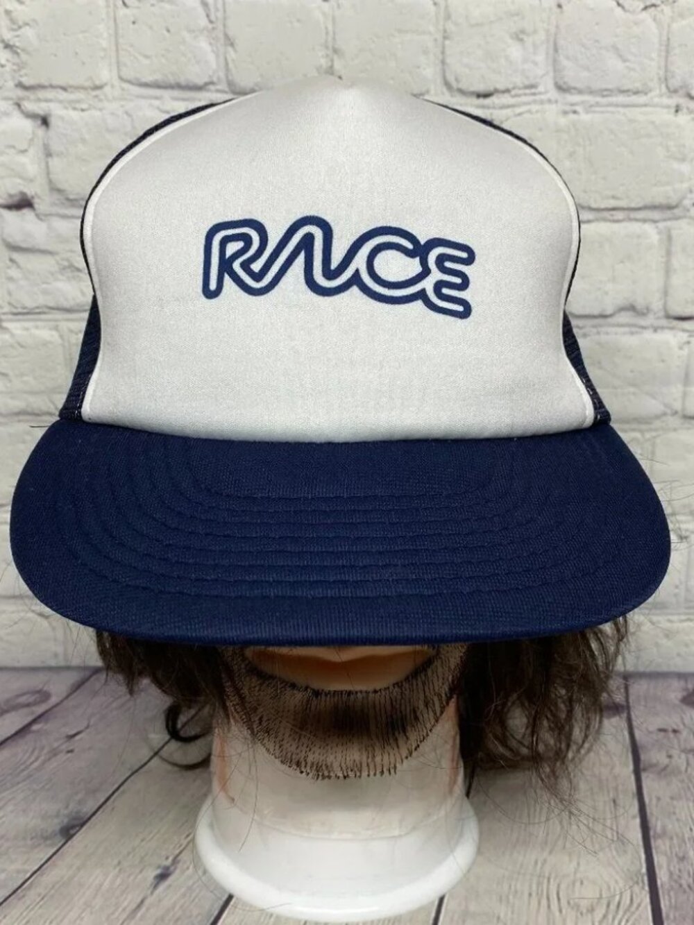 Vintage Trucker Hat Mesh Cap Snapback Navy Blue White RACE Print Logo